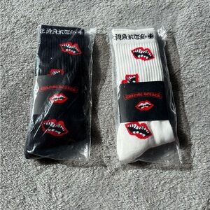 Chrome Hearts Men’s Crew Socks in Black & White with Red Lip Graphic